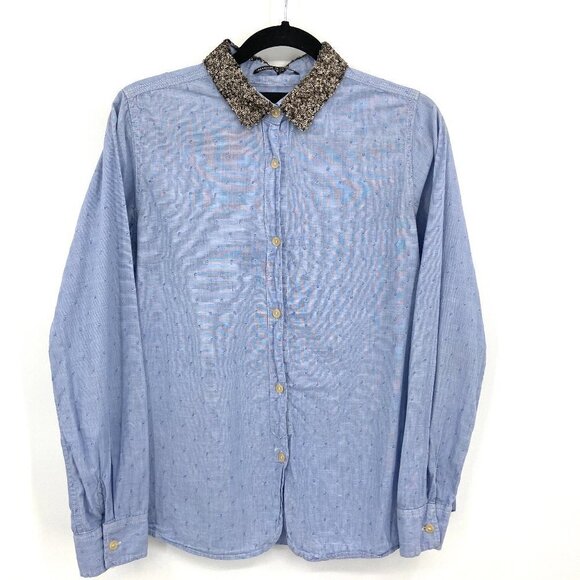 MAISON SCOTCH Blue Long Sleeve Button Up Sequin Collar Blouse Top Size 2 - Picture 1 of 5